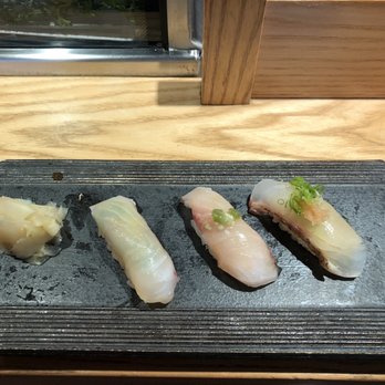 Sushi Kashiba - White fish (right to left: sea bream, striped jack, flounder) - Japanese Near Me - Seattle, Washington Sushi Kashiba - White fish (right to left: sea bream, striped jack, flounder) - Japanese Near Me - Seattle, Washington