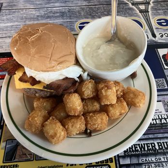 Southside Cafe - Breakfast burger with a side of sausage gravy, bc honestly why not? Everyone knows Sunday calories don't count. - Breakfast & Brunch Near Me - Paris, Tennessee Southside Cafe - Breakfast burger with a side of sausage gravy, bc honestly why not? Everyone knows Sunday calories don't count. - Breakfast & Brunch Near Me - Paris, Tennessee