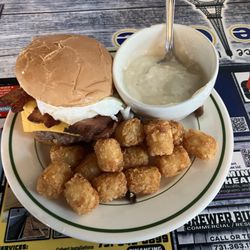 Southside Cafe - Breakfast burger with a side of sausage gravy, bc honestly why not? Everyone knows Sunday calories don't count.