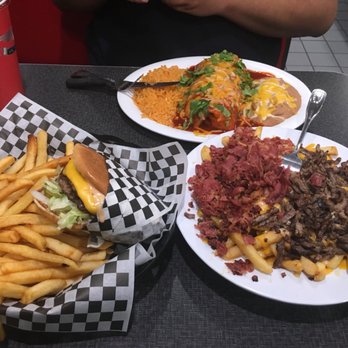 Victory Diner - Double cheese burger w/ cheese. DUI fries: chili cheese fries with steak and pastrami on top. Wet burrito with rice and beans! - Burgers Near Me - Orange, California Victory Diner - Double cheese burger w/ cheese. DUI fries: chili cheese fries with steak and pastrami on top. Wet burrito with rice and beans! - Burgers Near Me - Orange, California