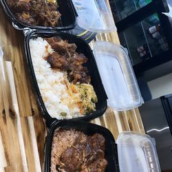 Oxtail, steamed fish, brown stew chicken, salt fish fritters