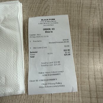Black Pork - Receipt - American Near Me - Long Beach , California