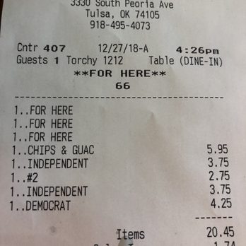 Torchy's Tacos - Just a look at the prices, and it was for 2 guests, not 1 - Tacos Near Me - Tulsa, Oklahoma