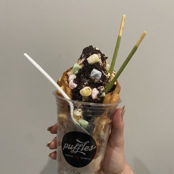 Puffles - Thai iced tea soft serve, Oreo crumbs, mochi, green tea pocky, condensed milk - Desserts Near Me - Hollywood, Florida Puffles - Thai iced tea soft serve, Oreo crumbs, mochi, green tea pocky, condensed milk - Desserts Near Me - Hollywood, Florida