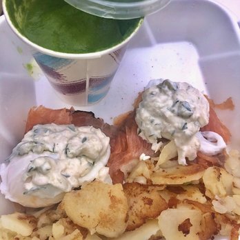 Town diner - Salmon benedict/home fries (tzatziki on top) & "Summer" fresh squeezed juice (delish) - Diners Near Me - East Windsor, New Jersey Town diner - Salmon benedict/home fries (tzatziki on top) & "Summer" fresh squeezed juice (delish) - Diners Near Me - East Windsor, New Jersey