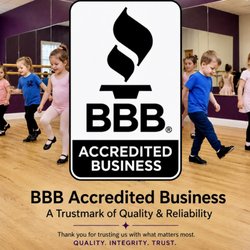 The Dance Connection - A+ BBB Rating Accredited Business Logo over picture of young students dance class at The Dance Connection