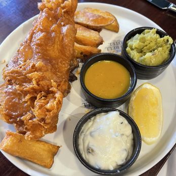 The Old Bell - Fish and chips with mushy peas and curry sauce - Hotels Near Me - Malmesbury, WIL