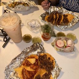 Al Pastor tacos, asada tacos, horchata drinks Al Pastor tacos, asada tacos, horchata drinks