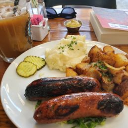 chicken sausage, mashed potatoes, and fried potatoes chicken sausage, mashed potatoes, and fried potatoes