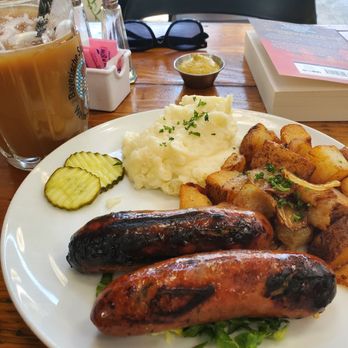 Wirtshaus - chicken sausage, mashed potatoes, and fried potatoes - German Near Me - Los Angeles, California Wirtshaus - chicken sausage, mashed potatoes, and fried potatoes - German Near Me - Los Angeles, California