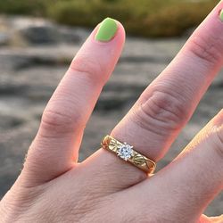 E. Scott Originals - Diamond engagement ring with gold band and deep carvings of black eyed susans and pothos leaves