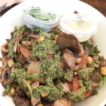 Green Tomato Grill - Steak Chimichurri Bowl - 9/10 would recommend with salad vs. rice - New American Near Me - Brea, California