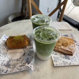 iced matcha latte + pistachio croissant (left) + poached pear & caramel danish (right) iced matcha latte + pistachio croissant (left) + poached pear & caramel danish (right)