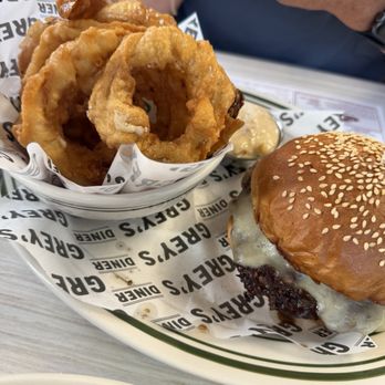 Grey's Diner - Burger + onion rings instead of fries - Diners Near Me - Charlotte, North Carolina Grey's Diner - Burger + onion rings instead of fries - Diners Near Me - Charlotte, North Carolina