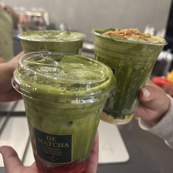 De Matcha - Strawberry Matcha in Front & Banana Matcha in the back! So delicious - Tea Rooms Near Me - Berkeley, California