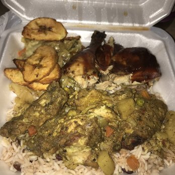 Caribbean Jerk Pot - Curry chicken & Jerk chicken combo ($15) with a side of Plantains (3 for $1) - Food Trucks Near Me - Lynchburg, Virginia