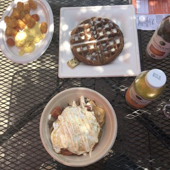 Hash - Hash on hash and Carrot cake waffle with side of eggs and tots. - Breakfast & Brunch Near Me - Los Angeles, California Hash - Hash on hash and Carrot cake waffle with side of eggs and tots. - Breakfast & Brunch Near Me - Los Angeles, California