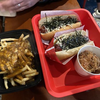 Japadog - Curry poutine, spicy terimayo dog, and plain takoyaki (3 pcs) - Japanese Near Me - Vancouver, British Columbia
