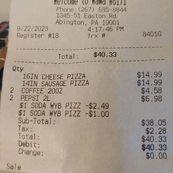 Wawa - 2 large pizzas purchased - Full discount not honored - Convenience Stores Near Me - Abington, Pennsylvania