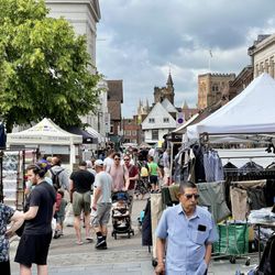 St Albans Market - Shoppers and stalls at St Albans Market outside of the Museum