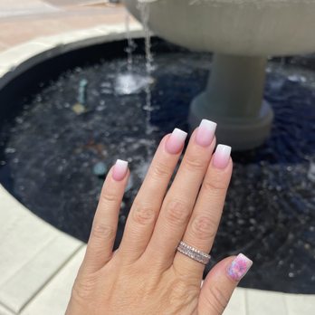 L A Nails 2 - Pink to white ombré with foil flowers on thumb! So cute - Nail Salons Near Me - Naples, Florida