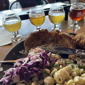 Monkless Belgian Ales - Beer flight and pork schnitzel. Check the full review. - Belgian Near Me - Bend, Oregon Monkless Belgian Ales - Beer flight and pork schnitzel. Check the full review. - Belgian Near Me - Bend, Oregon
