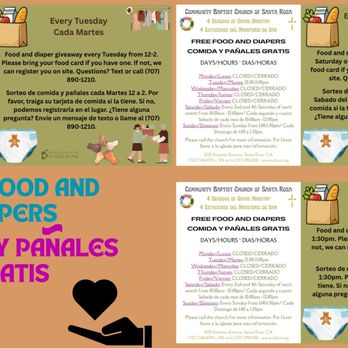 Community Baptist Church - Free food and diaper distributions on Tuesdays, Sundays and every 2nd and 4th Saturday. - Churches Near Me - Santa Rosa, California Community Baptist Church - Free food and diaper distributions on Tuesdays, Sundays and every 2nd and 4th Saturday. - Churches Near Me - Santa Rosa, California