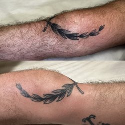 The Sugaring Suite - Before and after photos of tattooed skin using sugaring hair removal. Clean results of hair free legs. Results last typically 3-6 weeks.