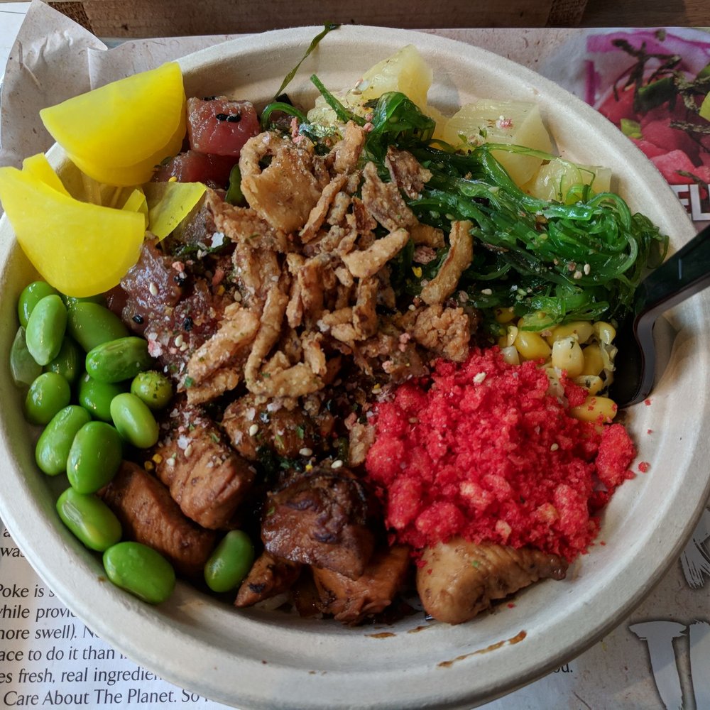 Poke Hut - X3 protein scoop bowl w Pork, chicken, and tuna - Poke Near Me - Cincinnati, Ohio Poke Hut - X3 protein scoop bowl w Pork, chicken, and tuna - Poke Near Me - Cincinnati, Ohio