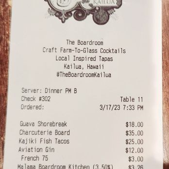 The Boardroom - 3.5%  added to bill for Kitchen staff! - Cocktail Bars Near Me - Kailua, Hawaii