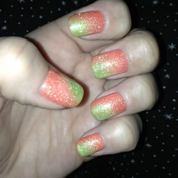 Isle PediSpa - Neon orange and green glitter gel manicure lasts for 3 weeks and more! - Nail Salons Near Me - Houston, Texas Isle PediSpa - Neon orange and green glitter gel manicure lasts for 3 weeks and more! - Nail Salons Near Me - Houston, Texas