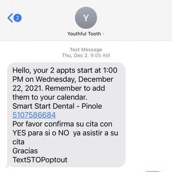Youthful Tooth - The first confirmation I was sent text at the top of the month. - General Dentistry Near Me - Pinole, California Youthful Tooth - The first confirmation I was sent text at the top of the month. - General Dentistry Near Me - Pinole, California