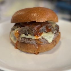 Bareburger - Custom elk burger w/pepperjack cheese, caramelized onions, Buffalo sauce
