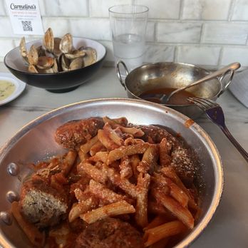 Carmelina's - "Exploding" Little Neck Clams (shells - all the clams were devoured) and the Bronx Tale - meatball, sausage, penne - Italian Near Me - Boston, Massachusetts