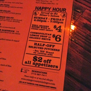 Orange County Mining Company - happy hour menu - saloon side - Steakhouses Near Me - Orange, California