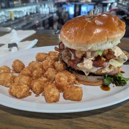 Chicken sandwich with tots. Chicken sandwich with tots.