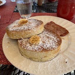 Coco banana pancakes with turkey bacon. Coco banana pancakes with turkey bacon.