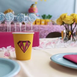 House of Hough - Pink sequin linen, pink (blush) linens, white leaf confetti runners