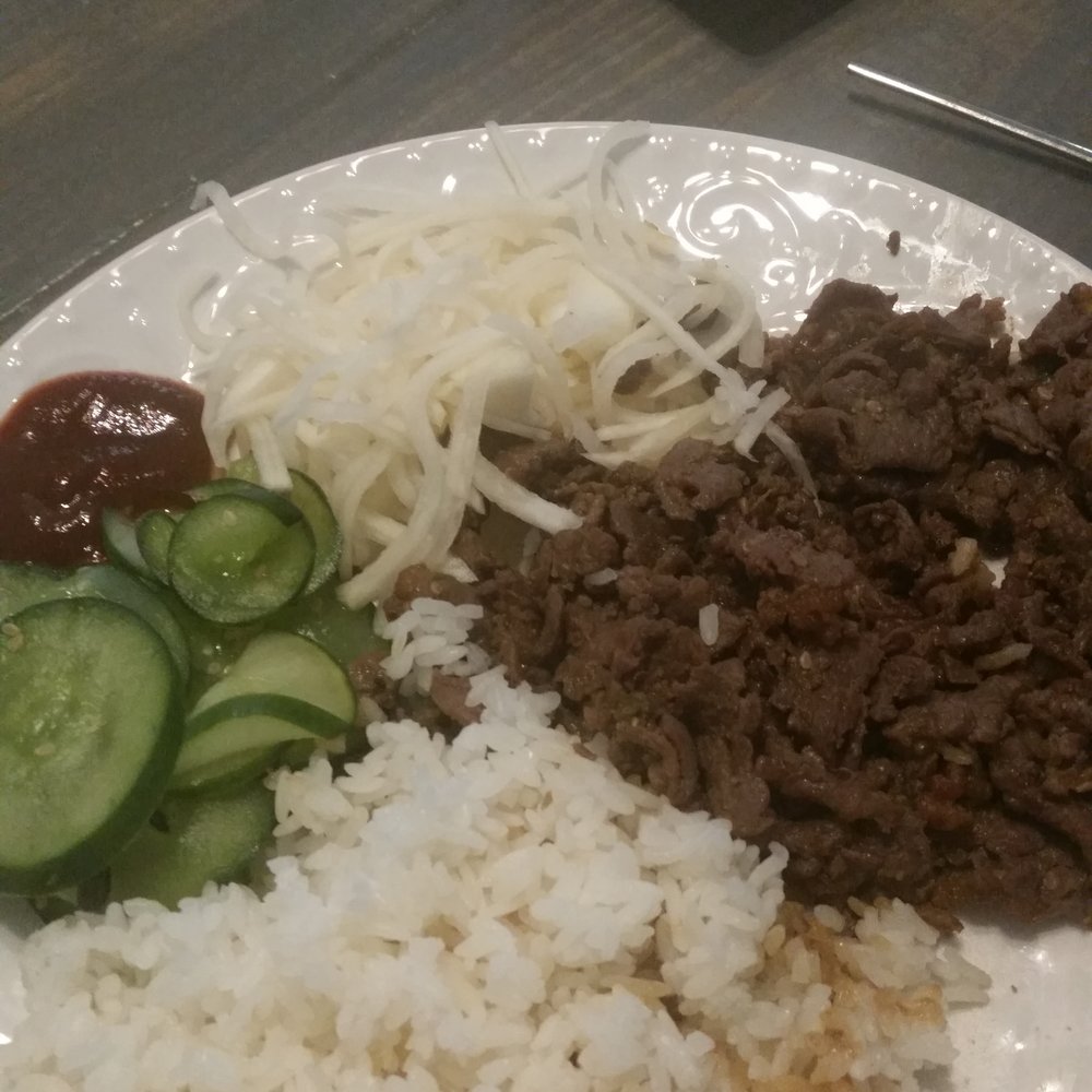 Korean Kitchen - Bulgogi and yakimondoo, no kimchi so I added sriracha. - Korean Near Me - Killeen, Texas