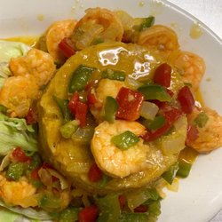 Bravos Restaurant - Mofongo con Camarones al Ajillo Mofongo with Shrimp in Garlic Sauce.
