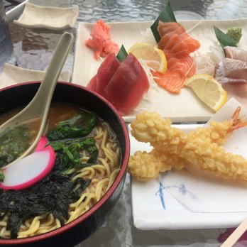 Ginza Sushi - miso ramen w tempura and sashimi trio - Sushi Bars Near Me - Honolulu, Hawaii Ginza Sushi - miso ramen w tempura and sashimi trio - Sushi Bars Near Me - Honolulu, Hawaii