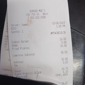 Burger Moe's - Final bill - Burgers Near Me - Saint Paul, Minnesota