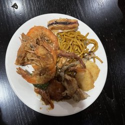 Lo mein, shrimp, dumplings