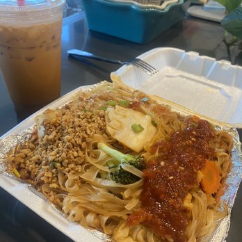 Ta Lew Thai Bistro - Thai tea, veggie pad Thai with extra noodles and chili paste - Thai Near Me - Gilbert, Arizona Ta Lew Thai Bistro - Thai tea, veggie pad Thai with extra noodles and chili paste - Thai Near Me - Gilbert, Arizona