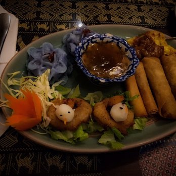Thai Sa-On Restaurant - Royal Thai Sa-On: Crepes w/ ground pork. A purple flower-like dumpling. Shrimps. Spring rolls. Pork rolls. Satay chicken. - Thai Near Me - Calgary, Alberta Thai Sa-On Restaurant - Royal Thai Sa-On: Crepes w/ ground pork. A purple flower-like dumpling. Shrimps. Spring rolls. Pork rolls. Satay chicken. - Thai Near Me - Calgary, Alberta