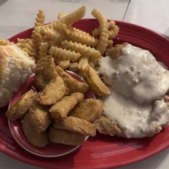 Breakfastime - Lunch Platter of Fried Pork Tenderloin, fries, fried squash and a big ol biscuit - Breakfast & Brunch Near Me - Winston-Salem, North Carolina