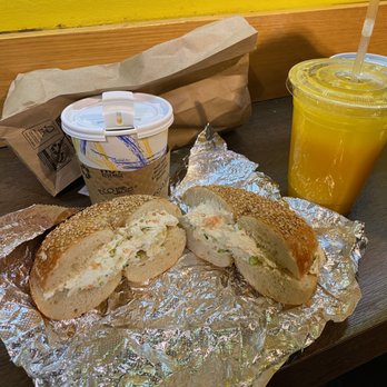 Pio Bagel West - Sesame Bagel with Lox/Scallion Cream Cheese. Plus some great orange juice and coffee. - Bagels Near Me - New York, New York Pio Bagel West - Sesame Bagel with Lox/Scallion Cream Cheese. Plus some great orange juice and coffee. - Bagels Near Me - New York, New York