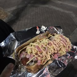 Schnappy’s Hot Dogs and Catering - Our Big D slathered in CubanChili, SchnappySlaw, SchnappySauce, raw onions and potato sticks... FIRE!!!