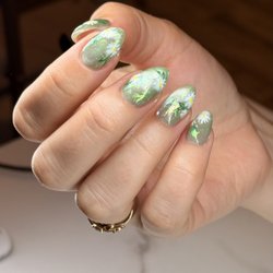 Sculptured gel manicure. Russian Manicure. Cat eye nail design. Japanese nail art. Summer nailed design. Floral nail hand printed by brush.