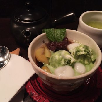 Cha-An - Hojicha Anmitsu (with tea in the background) - Japanese Near Me - New York, New York Cha-An - Hojicha Anmitsu (with tea in the background) - Japanese Near Me - New York, New York